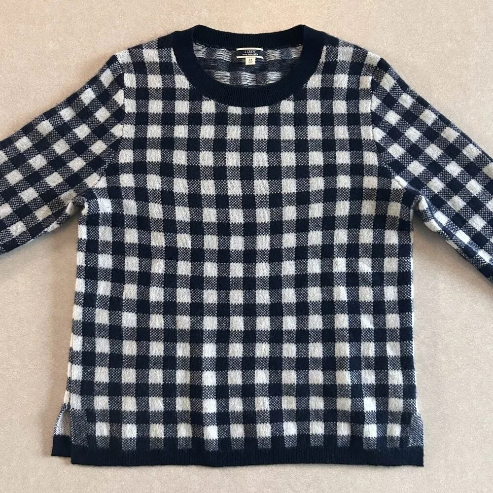 J. Crew Navy Cashmere Gingham Sweater ASO Wednesday Addams